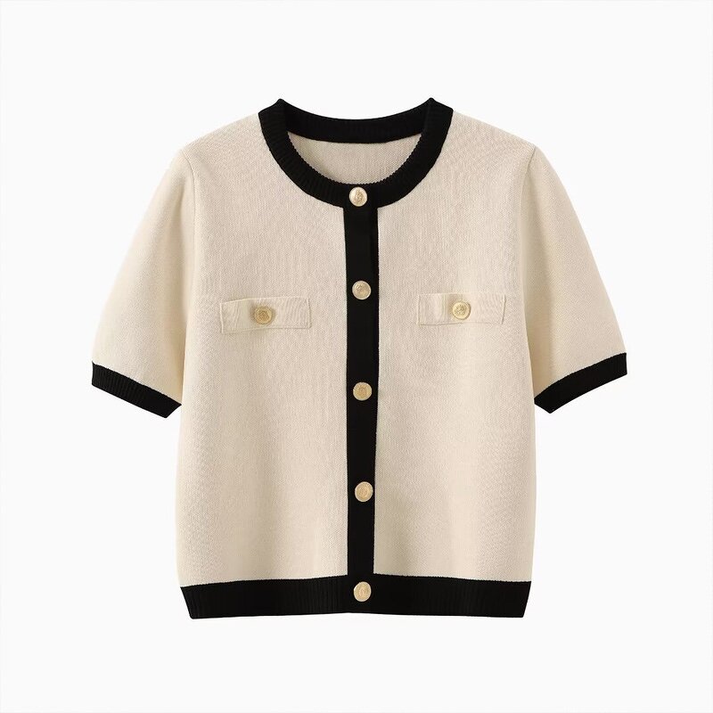 Short-sleeved Knitted Jacket Factory - OEM Custom Retro Round Neck Button Decoration