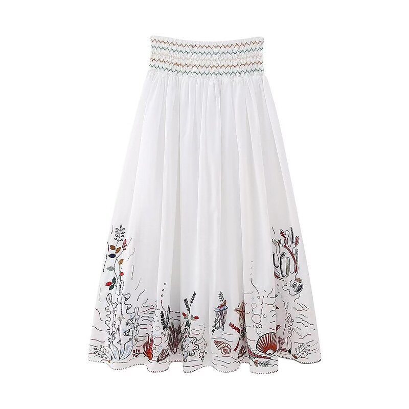 Embroidered Midi Skirt Factory - OEM Custom Retro High Elastic Drawstring