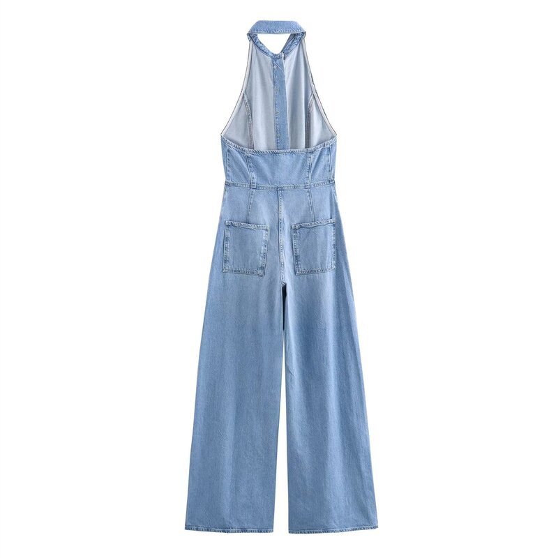 Halter Neck Denim Jumpsuit Factory - OEM Custom Casual Retro Backless Sleeveless