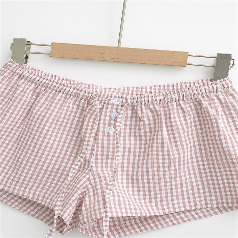 Plaid Button Trim Shorts Factory - OEM Custom Summer Fashion Retro Drawstring Casual