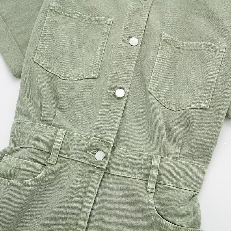 Denim Short Jumpsuit Factory - OEM Custom Retro High Waist Zipper Placket