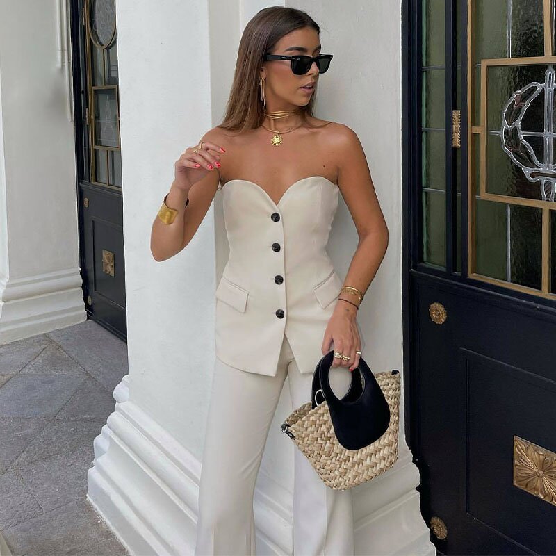 Sleeveless Button Vest Factory - OEM Custom Vintage Patch Pocket White Crop Top