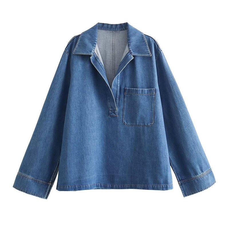 Casual Denim Shirt Factory - OEM Custom Retro Lapel Long Sleeve Top