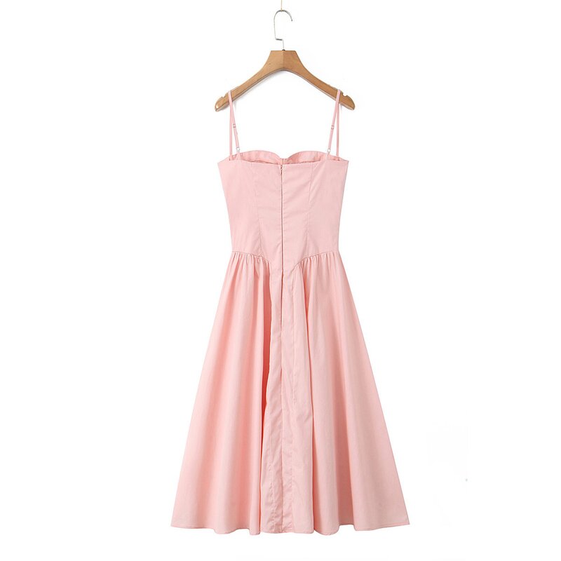 Pink Square Neck Dress Factory - OEM Custom Retro Waist Pleated Sleeveless