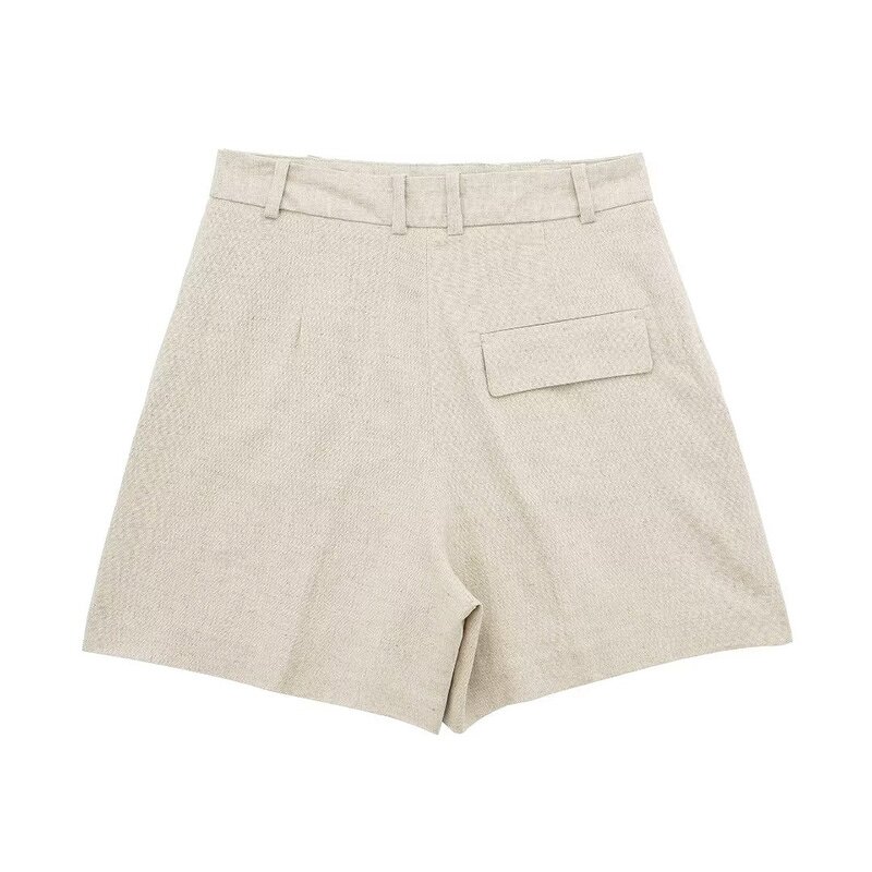 Linen Blend High Waist Shorts Factory - OEM Custom Summer New Retro Side Pocket