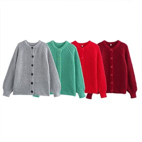 Red Knit Sweater Cardigan Factory - OEM Custom Vintage Long Sleeve Single-Breasted