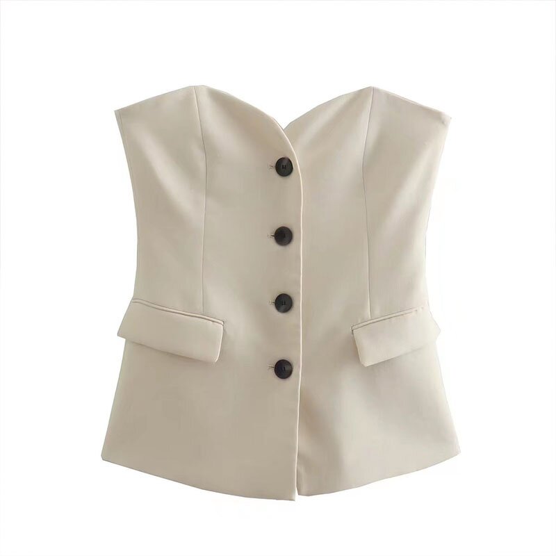Sleeveless Button Vest Factory - OEM Custom Vintage Patch Pocket White Crop Top