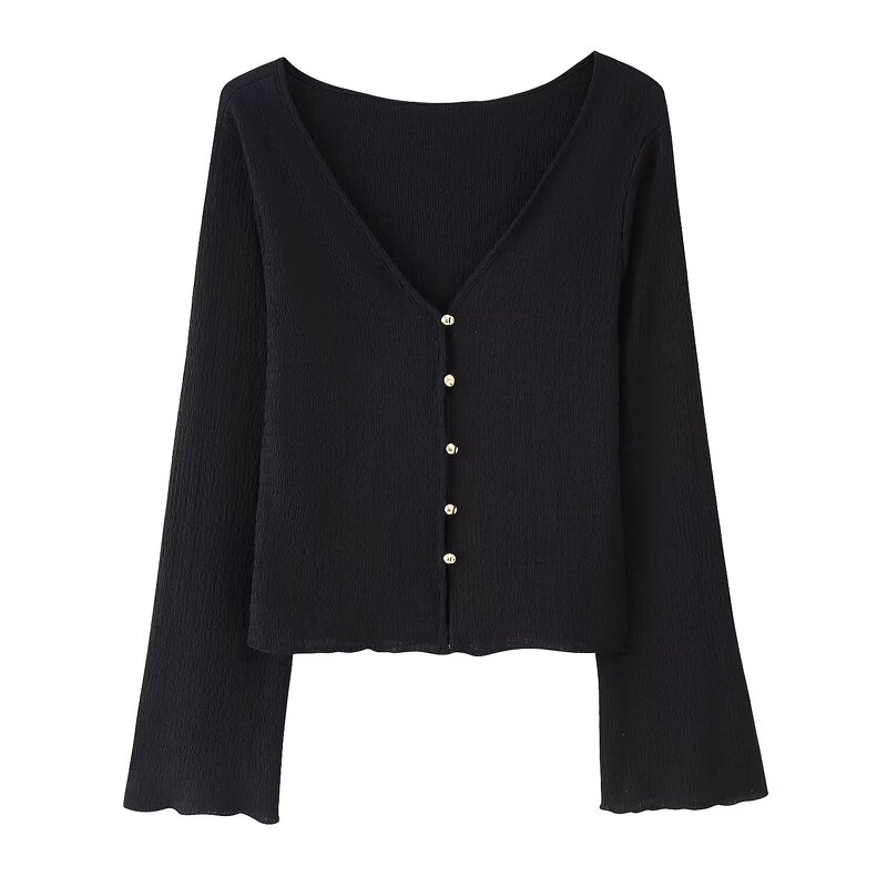 Textured Tops Trousers Suits Factory - OEM Custom Retro V-neck Button-down Tops