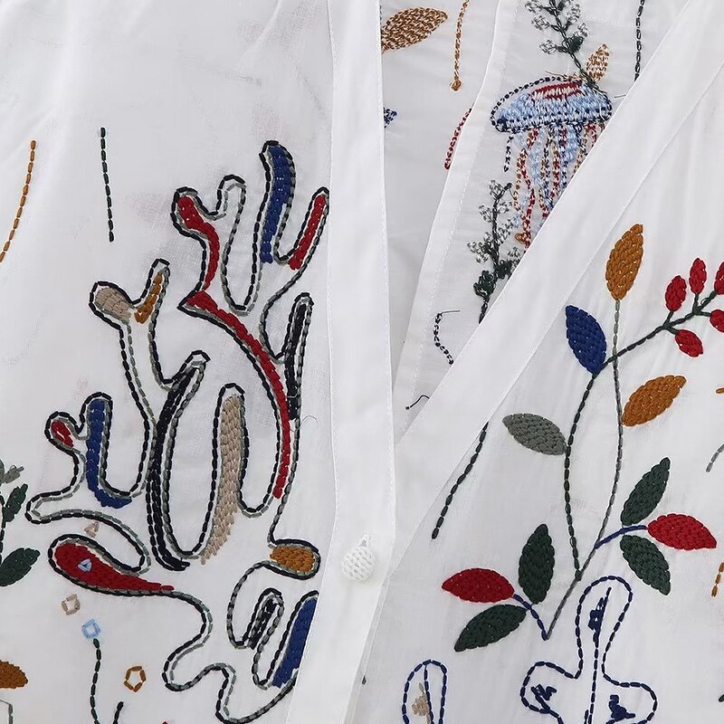 Embroidered Cotton Shirt Factory - OEM Custom Vintage V Neck Wide Sleeve Top