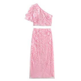 Hollow Flower Suit Factory - OEM Custom Trendy Oblique Shoulder Top and Skirt