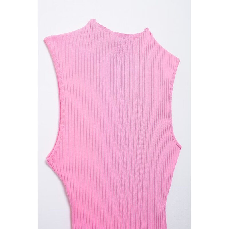 Balloon Ribbed Dress Factory - OEM Custom Retro Round Neck Sleeveless Slim