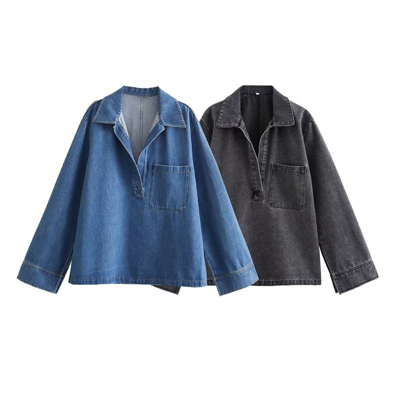 Casual Denim Shirt Factory - OEM Custom Retro Lapel Long Sleeve Top