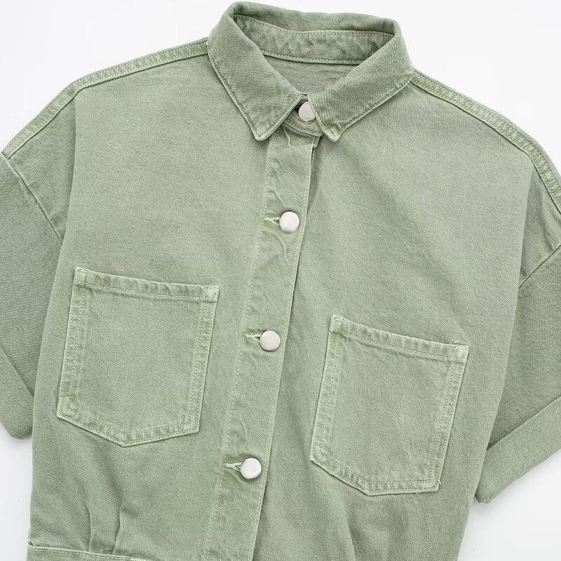 Denim Short Jumpsuit Factory - OEM Custom Retro High Waist Zipper Placket