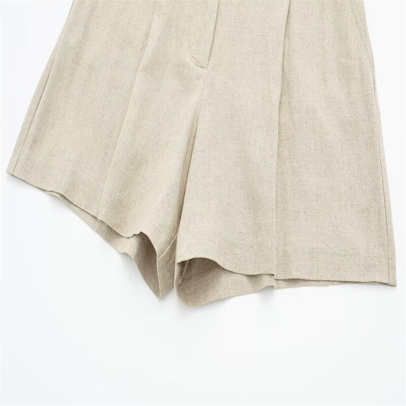 Linen Blend High Waist Shorts Factory - OEM Custom Summer New Retro Side Pocket