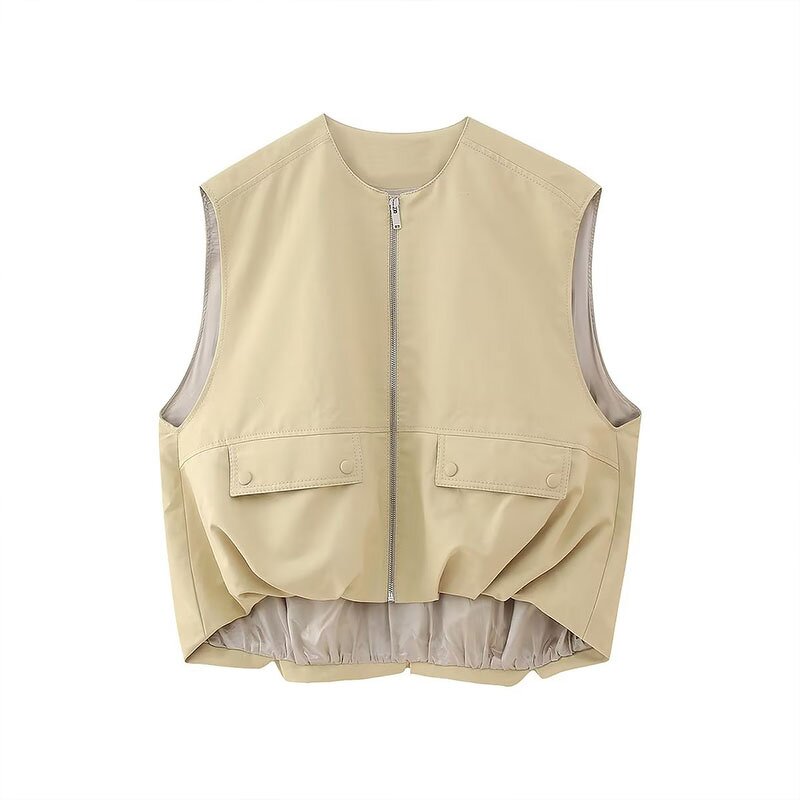 Round Neck Zipper Pleated Vest Factory - OEM Custom European Autumn Classic Retro