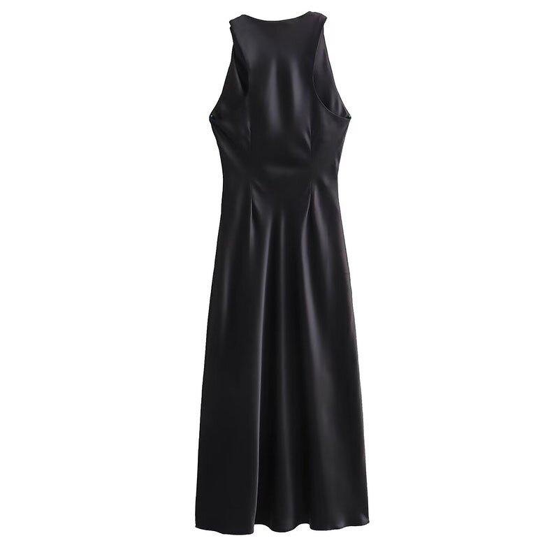 Silk Satin Texture Dress Factory - OEM Custom Retro Black Sleeveless Midi