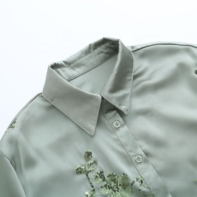 Sequin Satin Blouse Factory - OEM Custom Vintage Lapel Ladies Top