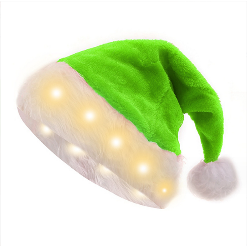 Santa Hat with LED Lights Factory - OEM Creative 3D Embroidered Green and Red Plush Holiday Party