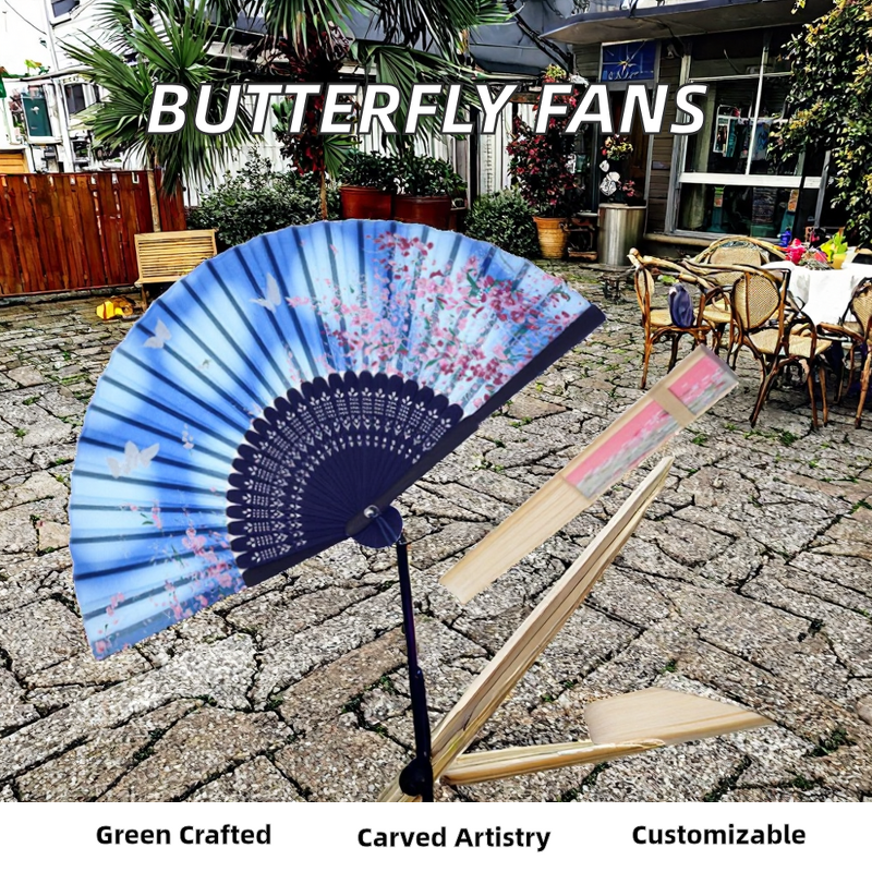 Bamboo Hand Fan Factory - OEM Custom Blue Butterfly Cherry Pattern Eco-Friendly DIY