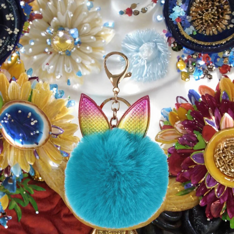 3D Keychain Factory - OEM Zinc Alloy Fluffy Soft Cute Bunny Ear Pom Pom Bag Charm