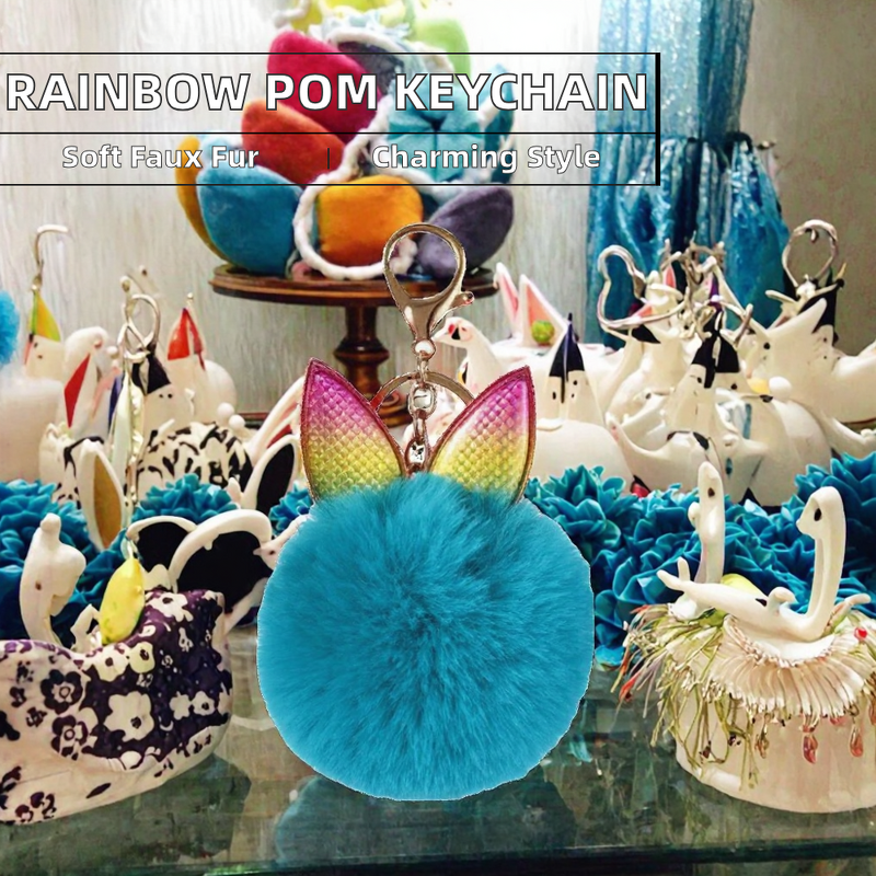 3D Keychain Factory - OEM Zinc Alloy Fluffy Soft Cute Bunny Ear Pom Pom Bag Charm