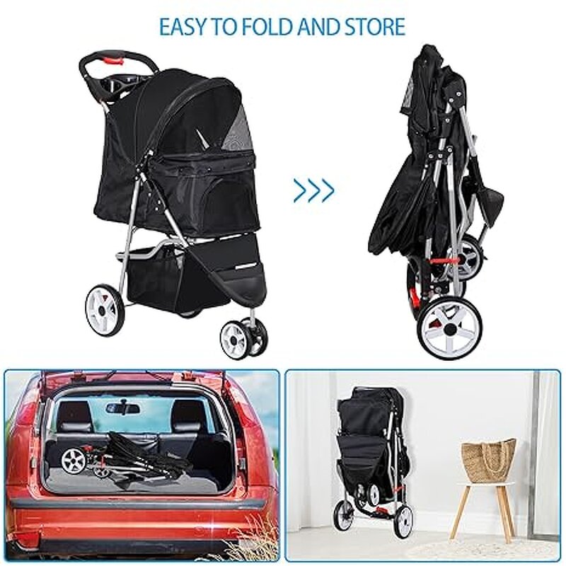 Foldable Pet Stroller Factory - 3 Wheels Carrier with Weather Cover Storage Basket