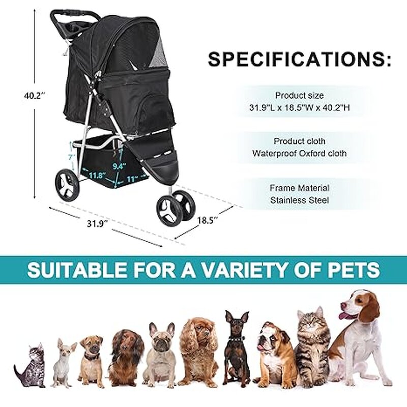 Foldable Pet Stroller Factory - 3 Wheels Carrier with Weather Cover Storage Basket