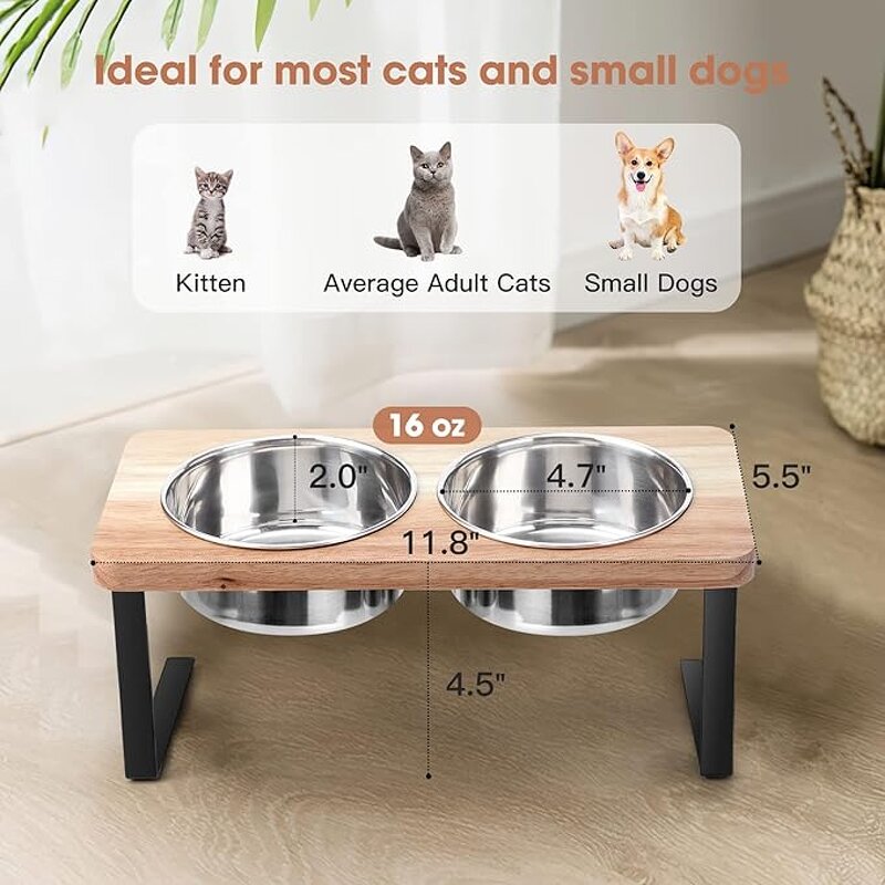 Elevated Cat Bowl Manufacturer - 15° Tilted Raised Wood Stand Anti Vomiting Bowl