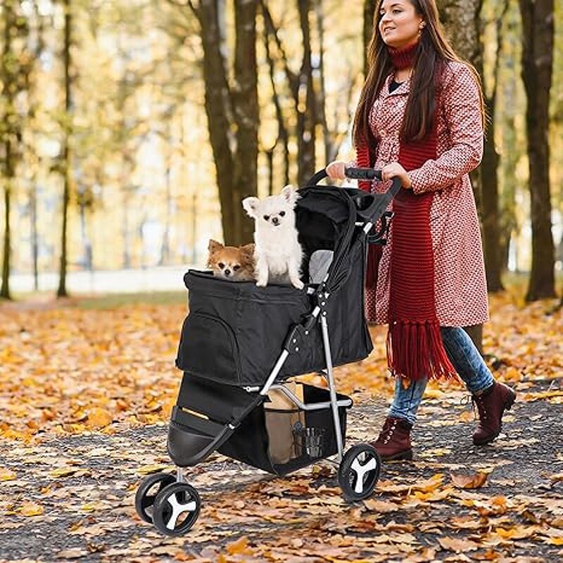 Foldable Pet Stroller Factory - 3 Wheels Carrier with Weather Cover Storage Basket