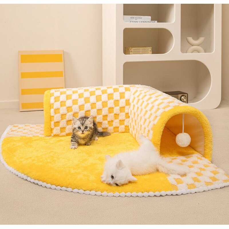 Cat Tunnel Bed Factory - 2-in-1 Play Tunnel and Mat Checkered Plush Design