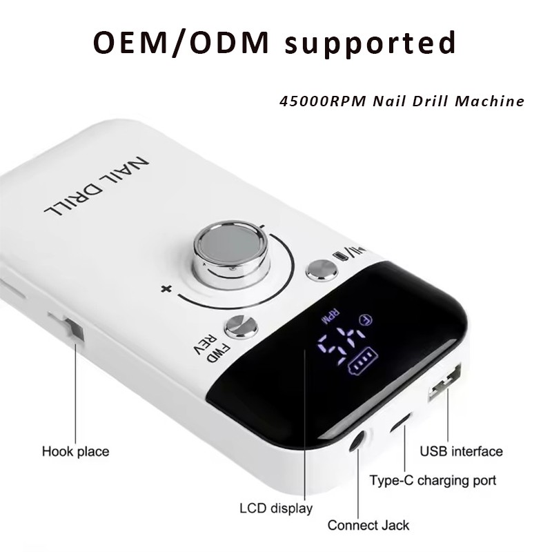 Professional Rechargeable 45000 RPM Nail Drill Portable Polishing Machine for Acrylic Gel Nails Home Use Tapered Brushless