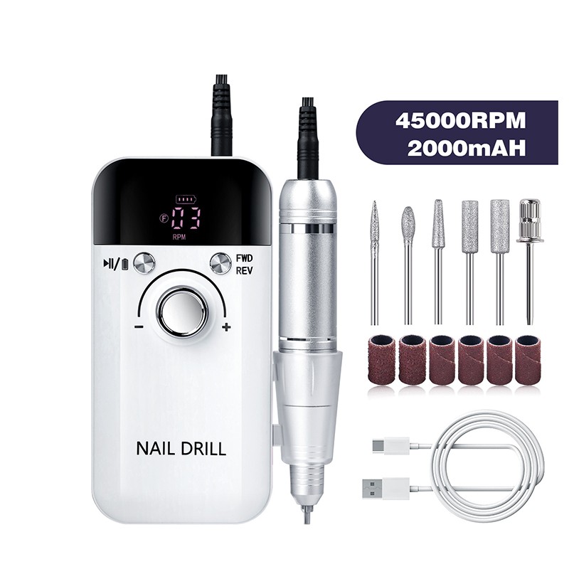 Professional Rechargeable 45000 RPM Nail Drill Portable Polishing Machine for Acrylic Gel Nails Home Use Tapered Brushless