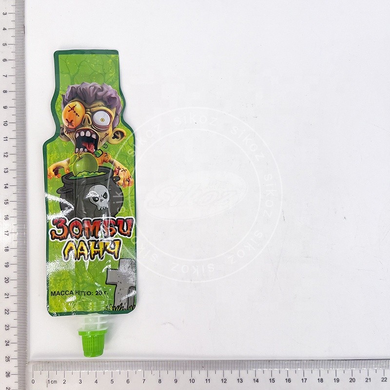 Three Types of Squeezed Jam with Different Fruit Flavors: Strawberry, Green Apple, and Blueberry