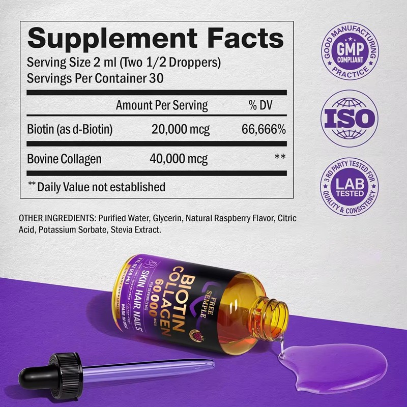 OEM Private Label Sugar Free Collagen Liquid Hair Growth Biotin Drops for Women and Men Skin Nail Hair Care