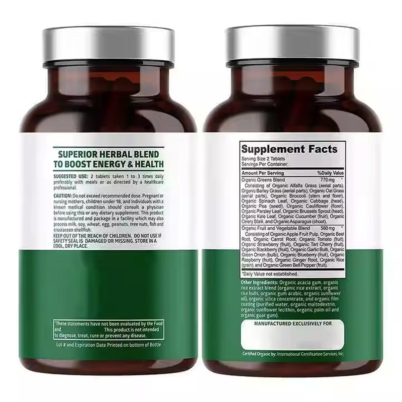 OEM Organic Super Food Greens Tablets Natural Fruit and Veggie Supplement with Alfalfa Beet Root Ginger Support Immunity Health