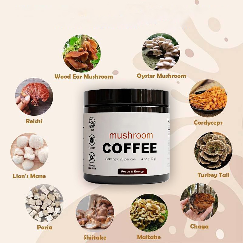 HALAL Certificated OEM ODM Tasty Mushroom Coffee Powder Organic Shitake Lion's Mane Reishi Cordyceps Mushroom Powder