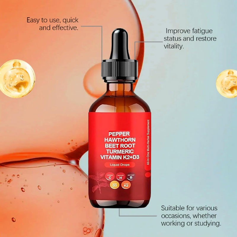 Hot Sale in Stock OEM/ODM Pepper Drops ALL in ONE Hawthorn Berry Vitamin D3 K2 Beet Root Turmeric Liquid Drops