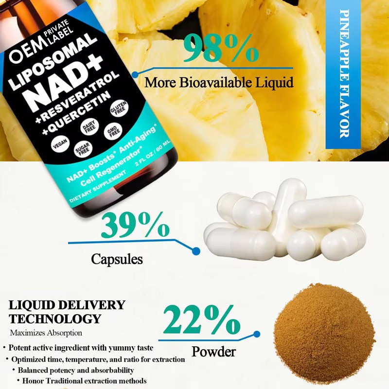 OEM 60ML Vegan Resveratrol NAD+ Liposomal Drops High Potency NAD Drops Liquid Supplement for Cell Regenerator