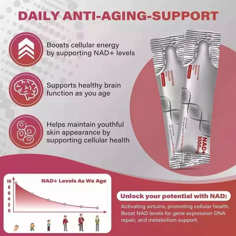 OEM ODM NAD+ Liquid Nicotinamide Riboside 1000mg Berry Flavor Drink Mix 30 Pack for Adult Skin Health & Energy Focus