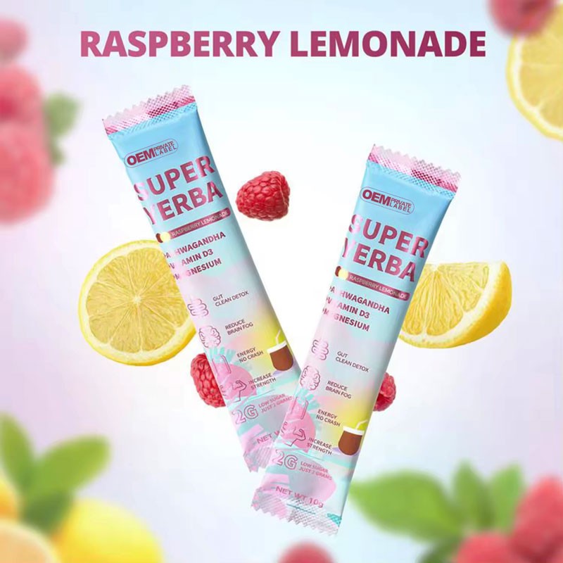 OEM Super Yerba Raspberry Lemonade Powder Ashwagandha Mushroom Magnesium Vitamin D3 Yerba Extract Supplement Fiber Gut Support