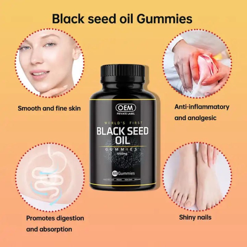 OEM Private Label Wholesale Organic Black Seed Oil Gummy Vegan Black Cumin Seed Gummies for Slimming Hair Skin Health