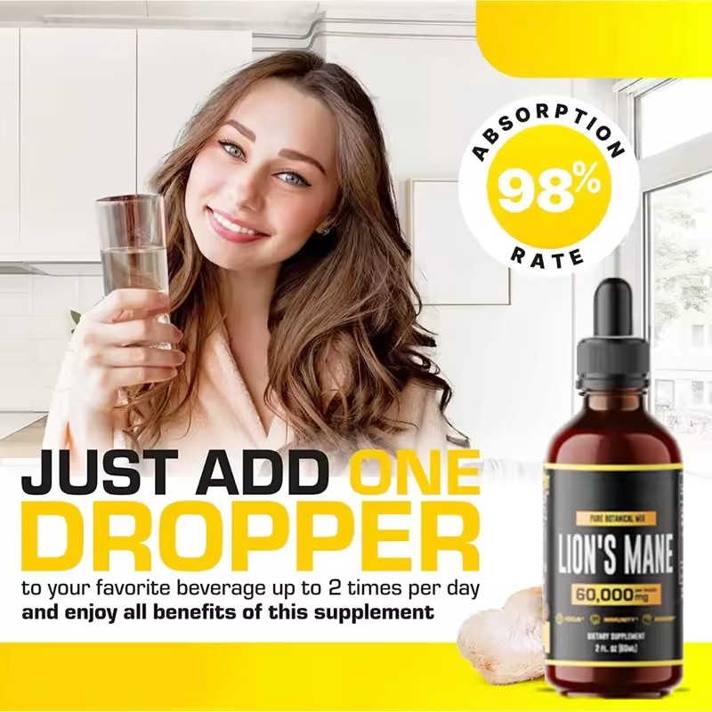 OEM/ODM/OBM Natural Vegan Lion's Mane Drops Mushroom Extract Liquid Drops Lions Mane for Brain Focus Memory & Clarity Booster