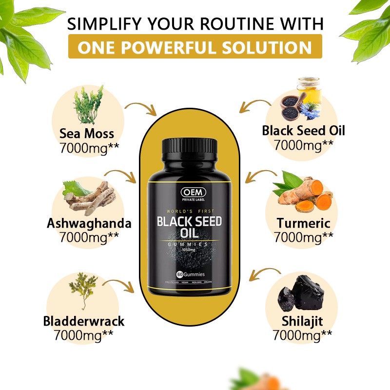 OEM Private Label Wholesale Organic Black Seed Oil Gummy Vegan Black Cumin Seed Gummies for Slimming Hair Skin Health