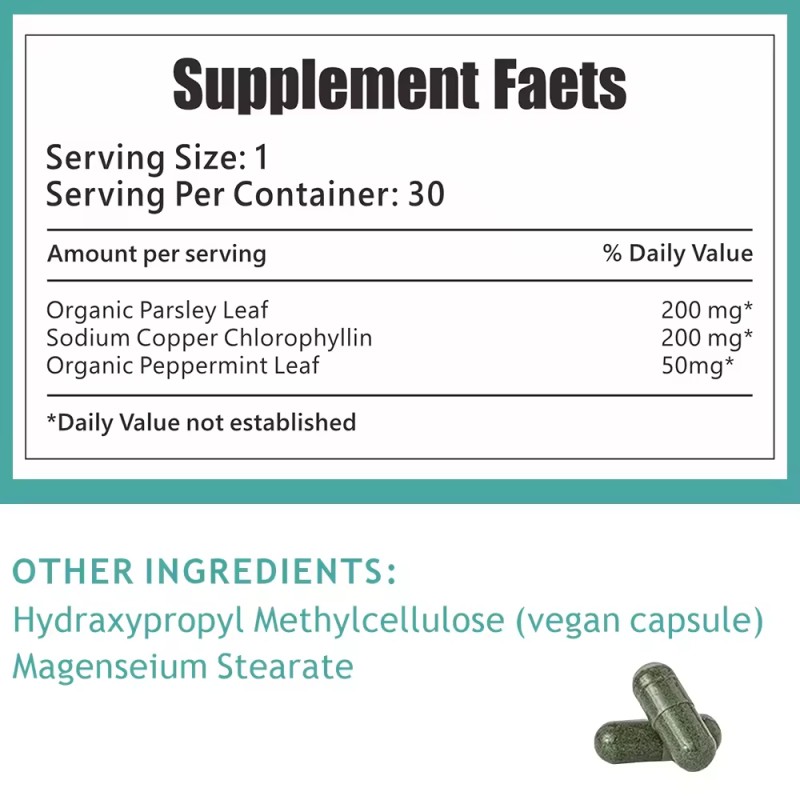 OEM ODM Herbal Supplement Body Chlorophyll Capsules 30 Vegan Capsules for Detox Digestion Gut Health Skin Support Oily Skin