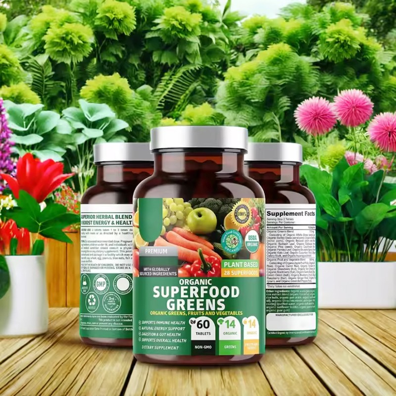OEM Organic Super Food Greens Tablets Natural Fruit and Veggie Supplement with Alfalfa Beet Root Ginger Support Immunity Health