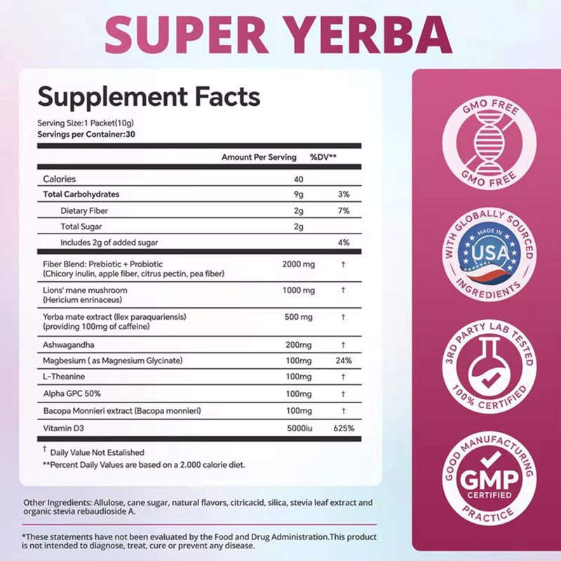 OEM Super Yerba Raspberry Lemonade Powder Ashwagandha Mushroom Magnesium Vitamin D3 Yerba Extract Supplement Fiber Gut Support