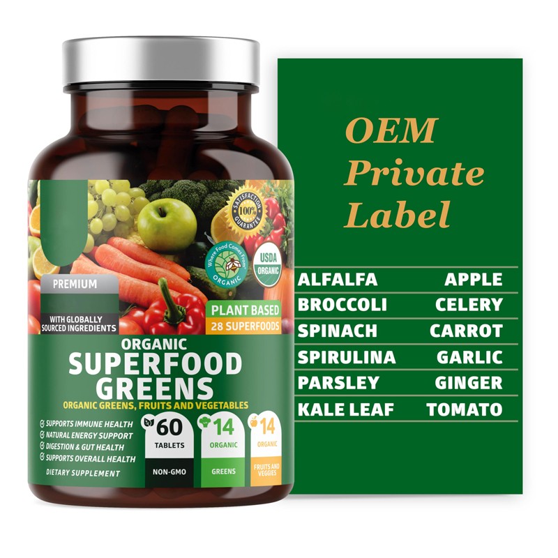 OEM Organic Super Food Greens Tablets Natural Fruit and Veggie Supplement with Alfalfa Beet Root Ginger Support Immunity Health