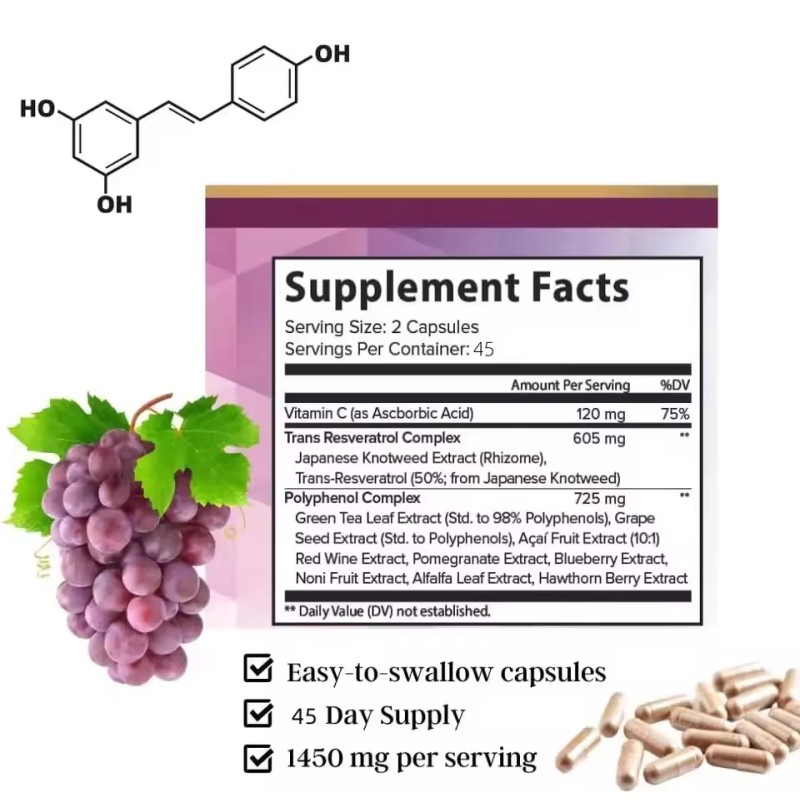 Herbal Supplement Organic 99% Resveratrol Capsules Immune Support Premium Formula Brain Focus Capsule for Adults