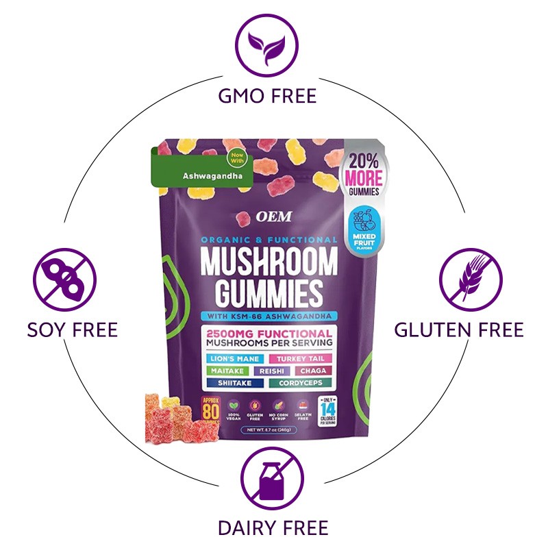OEM Organic Vegan Lions Mane Mushroom Gummies Nootropic Brain Mushroom Extract for Memory and Focus Nutrition Supplement