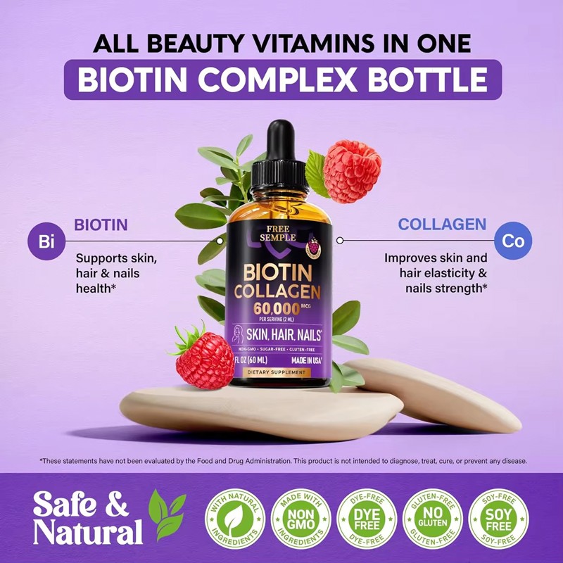 OEM Private Label Sugar Free Collagen Liquid Hair Growth Biotin Drops for Women and Men Skin Nail Hair Care